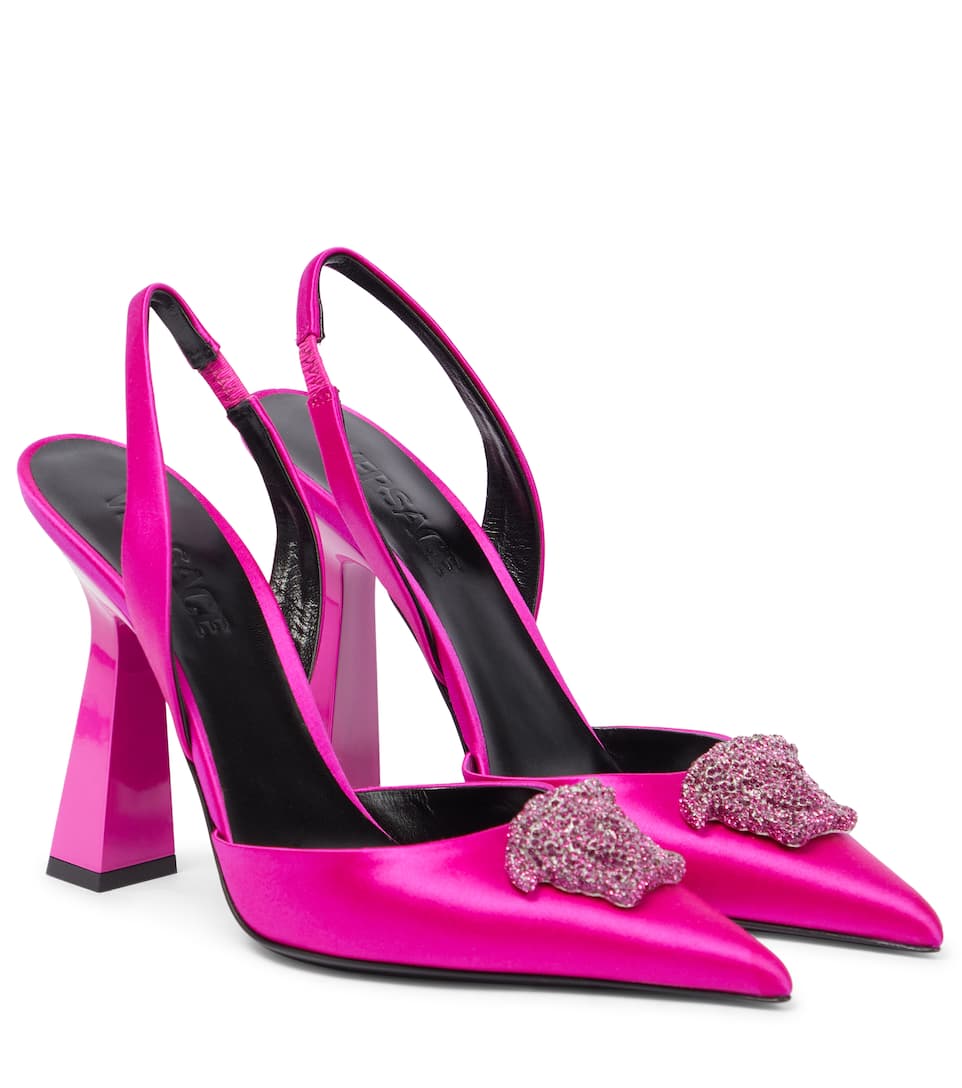 Outlet Versace Medusa embellished satin slingback pumps - Women Sales ...